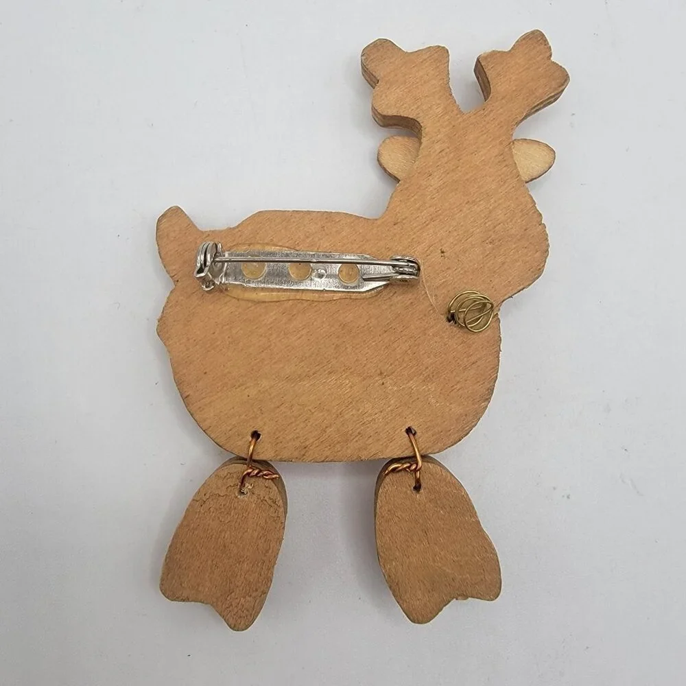 Fun Comical Articulated Legs‎ Reindeer Christmas Bells Pin Brooch Wood
